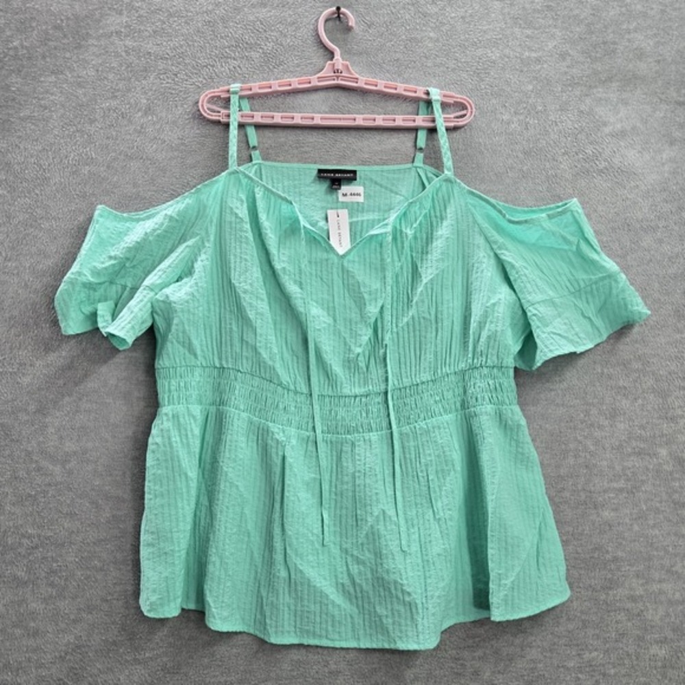 Lane Bryant Women Blouse 24 Green Cold Shoulder Smocked Crinkle Short Sleeve NWT